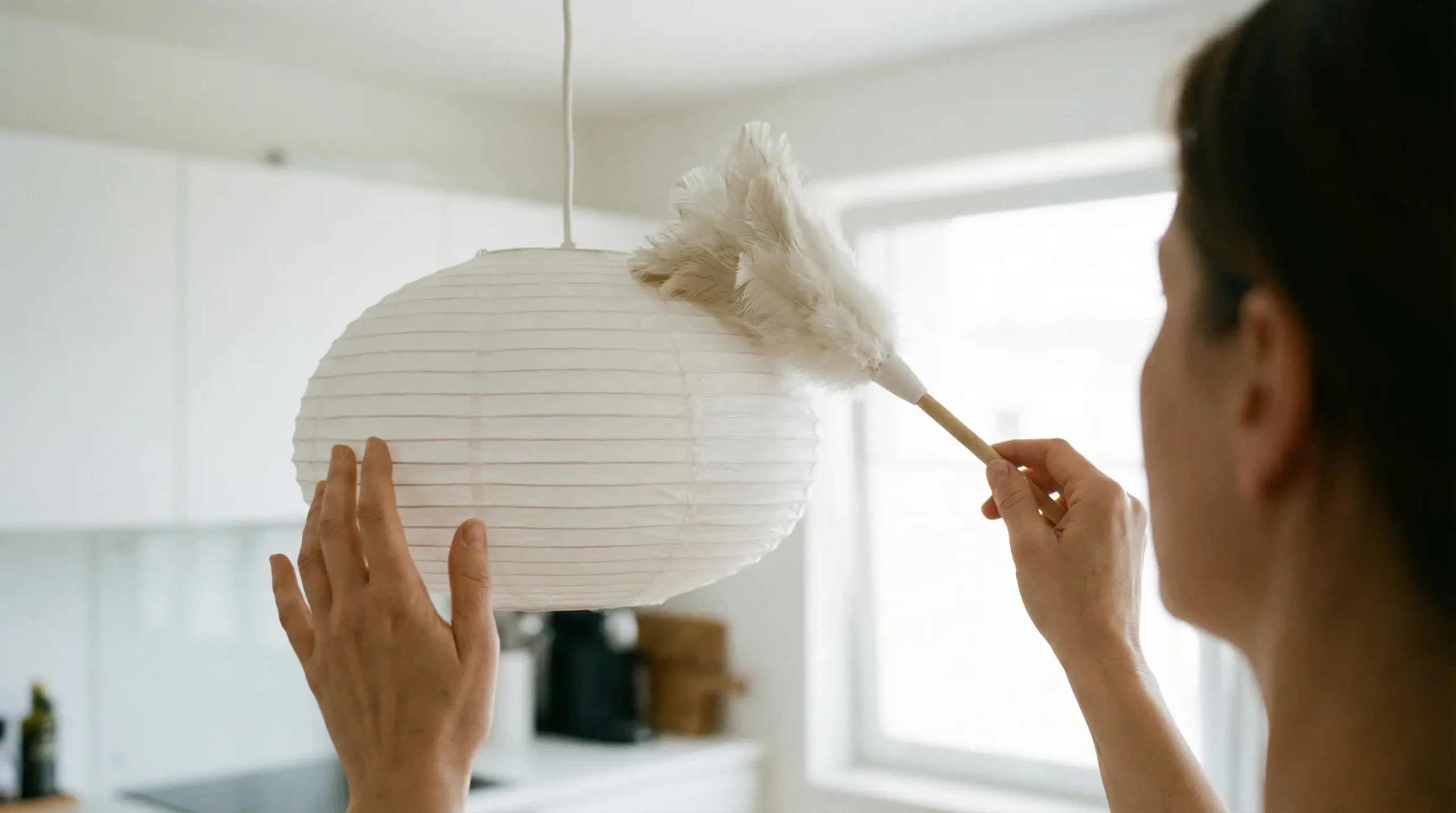 Femme dépoussiérant délicatement une suspension japonaise avec un plumeau