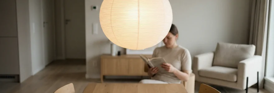 Suspension papier washi diffusant une lumière chaude dans un salon scandinave épuré